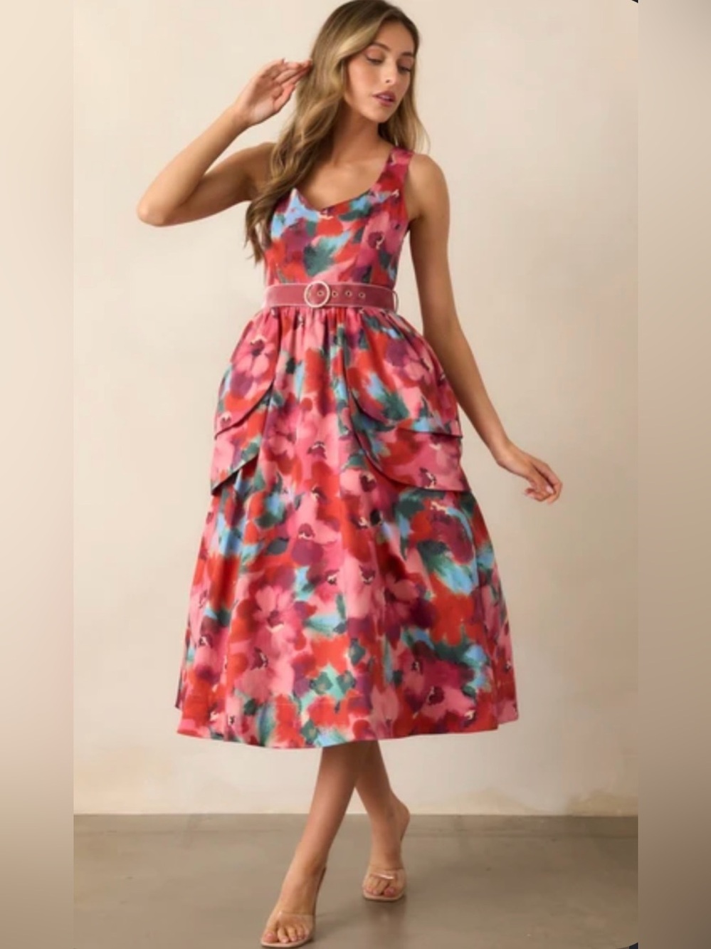 PROSPERINA DIANA PINK MULTI FLORAL PRINT COTTON BELTED MIDI DRESS SZ MEDIUM
